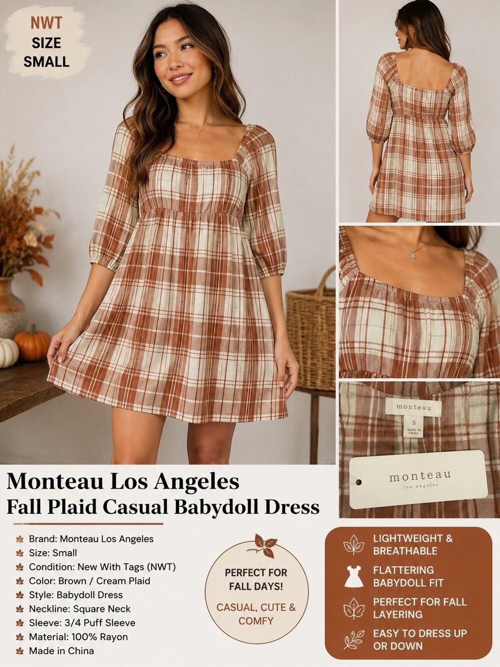 Monteau Los Angeles Fall Plaid Casual Babydoll Dress Puff 1/2 Sleeves Small NWT